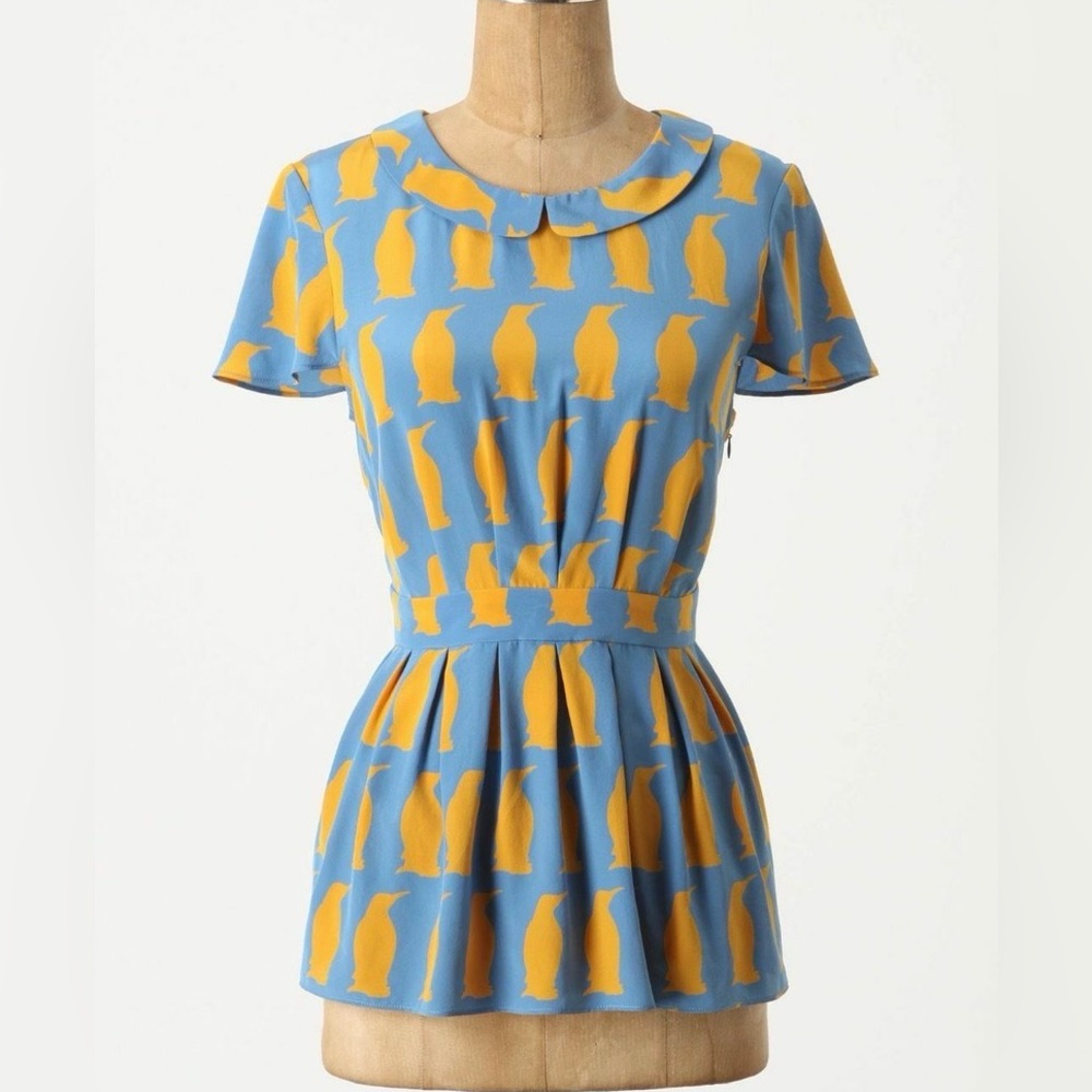 Anthropologie Blue and Gold Penguin Print Blouse